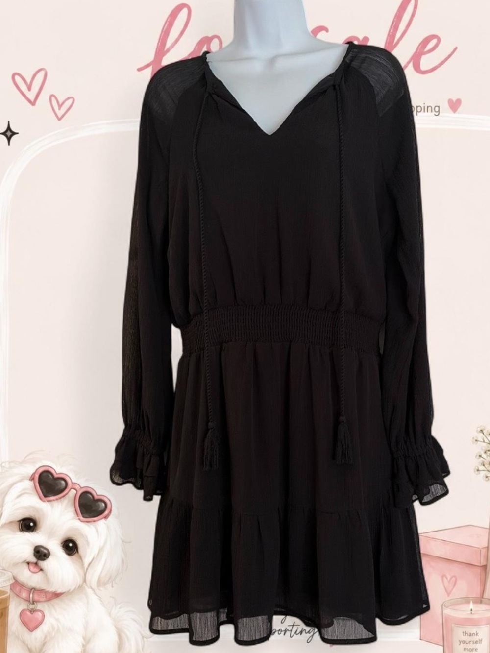 NSR Black Smocked-Waist Mini Dress with Tassel Ties